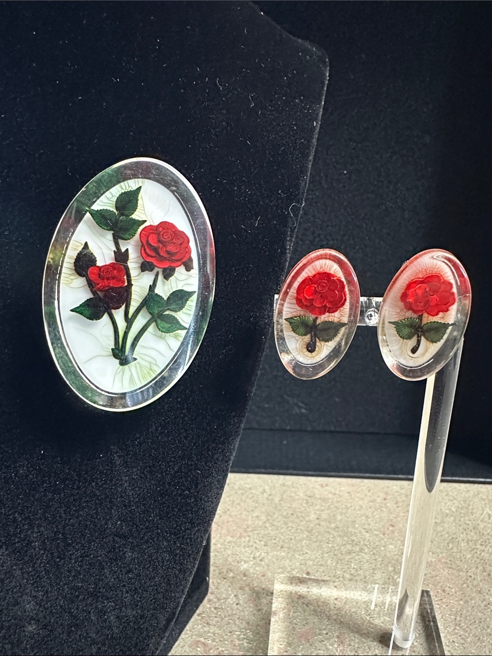 Vintage Reverse Carved Lucite Red Rose Brooch & Screw Back Earring Set